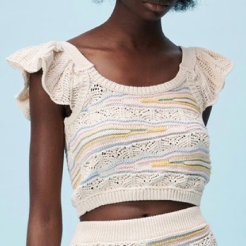 ZARA Bloggers Favorite Pointelle Knit Ruffled Sleeveless Crop Sweater Size L